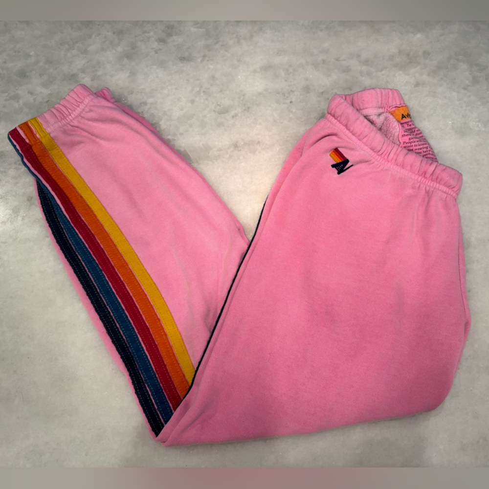 Aviator Nation Pink Track Joggers with Rainbow Side Stripes